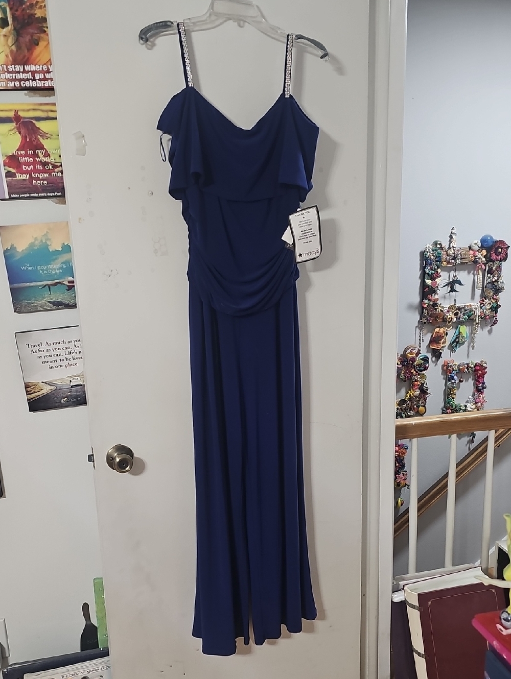 Macy's Royal Purple Embellished Strap With Crystals Ruffle Maxi Dress